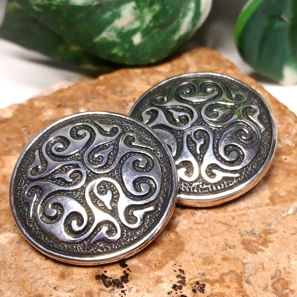 Round Domed Antiqued Celtic Design Sterling Disk Earrings CLIPS